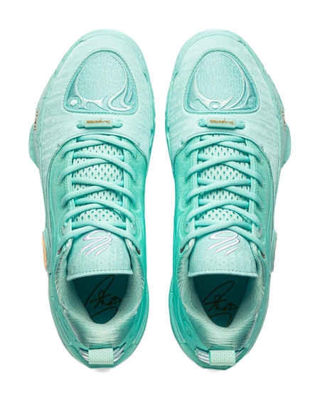 Men's light teal basketball shoes, top view of tongue and lace-up front