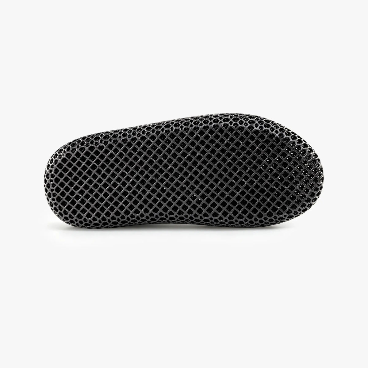Black 3D-printed slip-on slipper with textured honeycomb upper and rounded toe