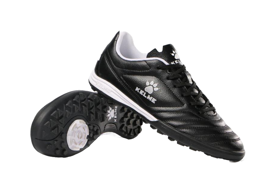 Black TF training soccer shoe with white outsole, lace-up, and paw logo