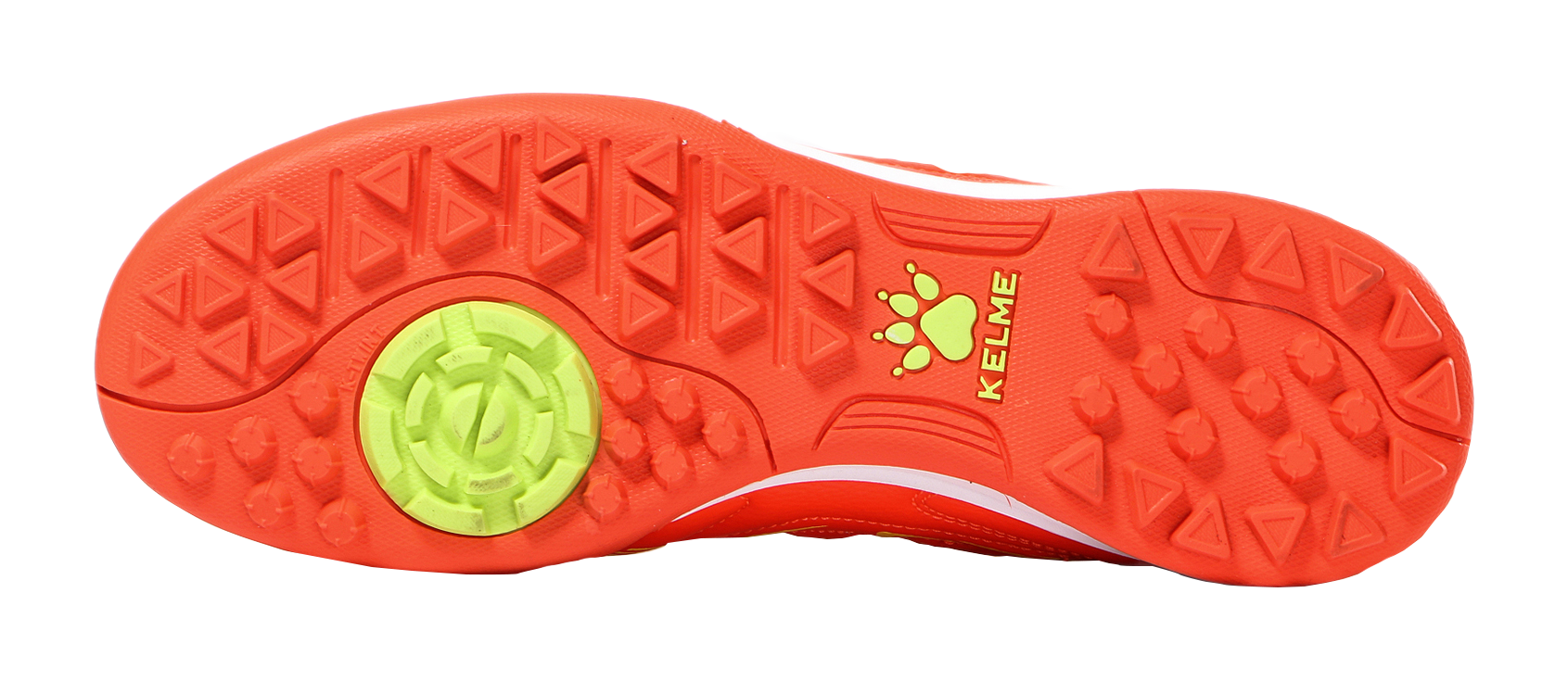 Orange outsole of TF training soccer shoes with tread studs and round KELME emblem