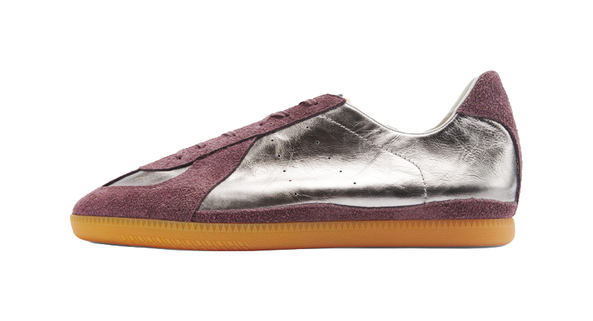 Low-cut training shoes, silver metallic upper with maroon side panel and gum outsole.