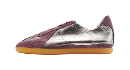 Low-cut training shoes, silver metallic upper with maroon side panel and gum outsole.