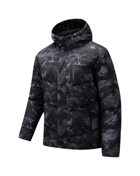 Men's hooded down puffer jacket with all-over camouflage print, front zipper