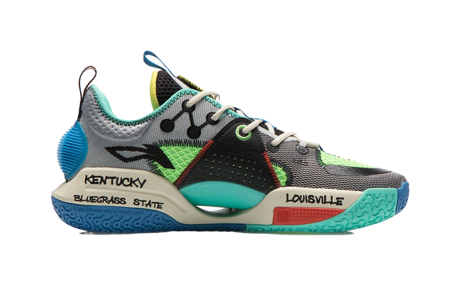 Men's low-top basketball shoes, gray and teal with black details and blue heel accents.