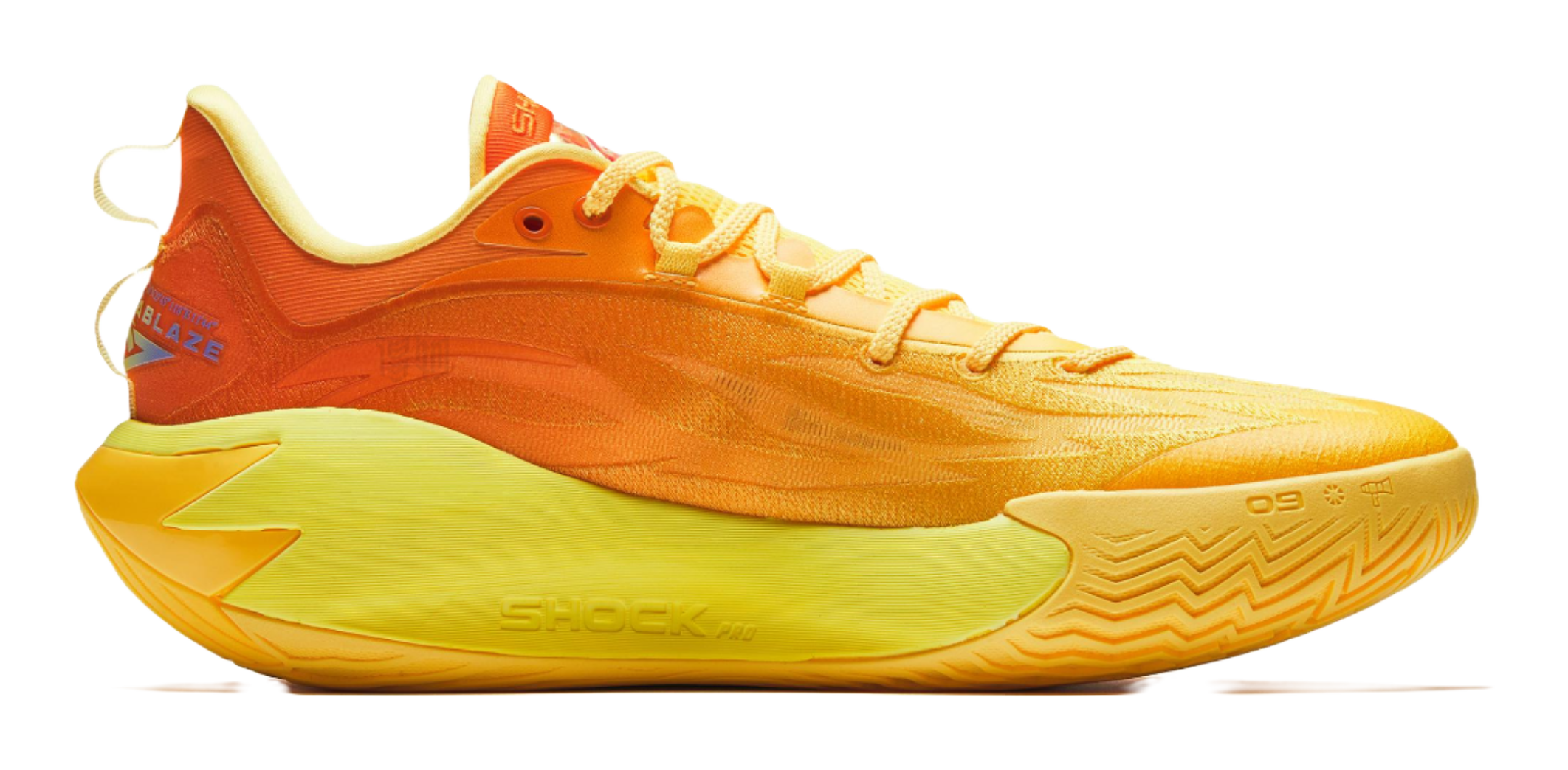 Low-profile basketball shoe in orange and yellow with lace-up front and textured outsole.
