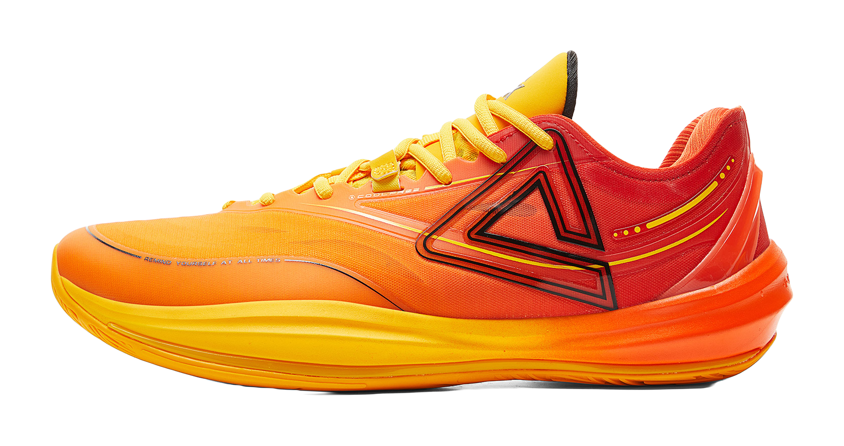 Basketball shoe with orange/yellow lace-up upper and bold side logo