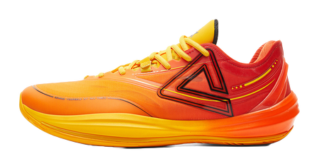 Basketball shoe with orange/yellow lace-up upper and bold side logo