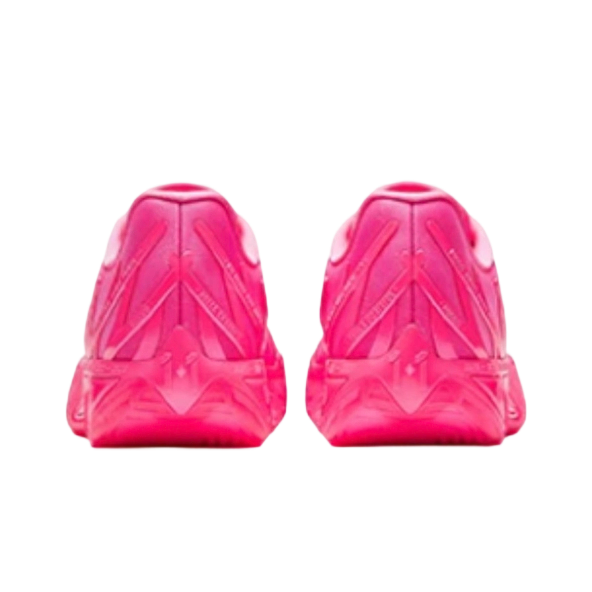 Pink shoe heels, rear view with molded support ridges and traction outsole
