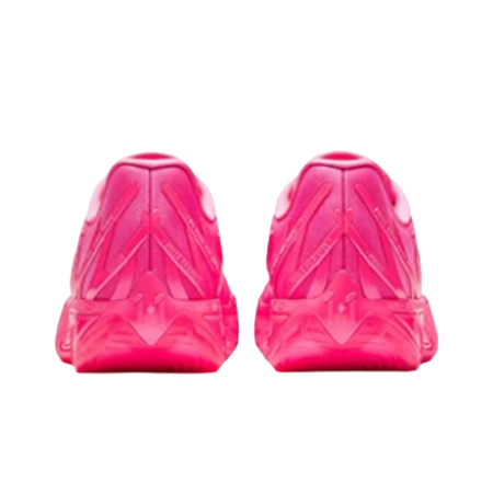 Pink shoe heels, rear view with molded support ridges and traction outsole