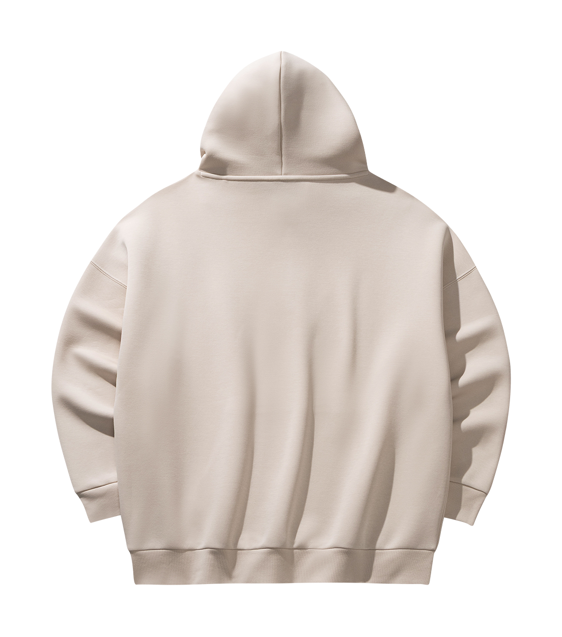Unisex mud-gray hoodie sweatshirt, back view with full hood and ribbed hem