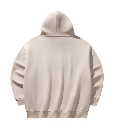 Unisex mud-gray hoodie sweatshirt, back view with full hood and ribbed hem