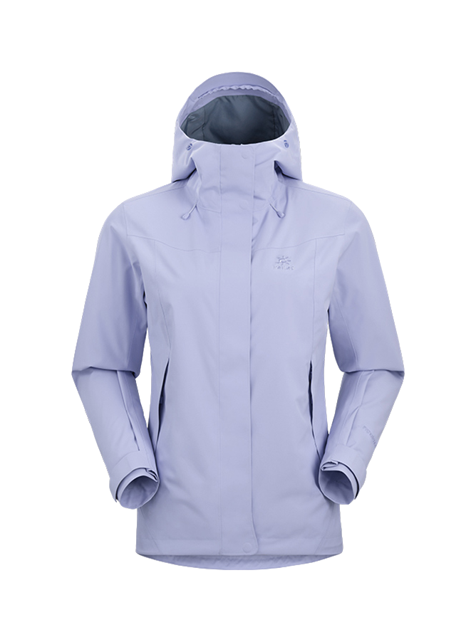 Women's light blue windbreaker jacket with adjustable hood, zip front, and side pockets.