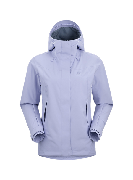 Women's light blue windbreaker jacket with adjustable hood, zip front, and side pockets.
