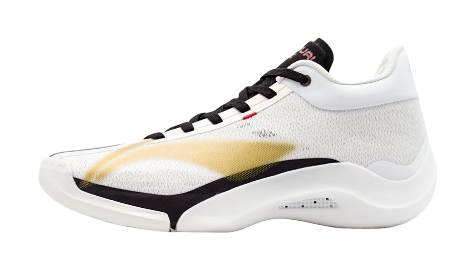 Men's low-top basketball shoes, white knit with gold and black details