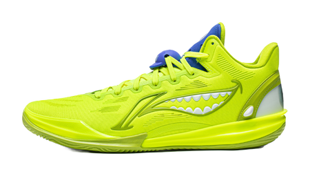 Green low basketball shoe with lace-up closure and monster-tooth side graphic