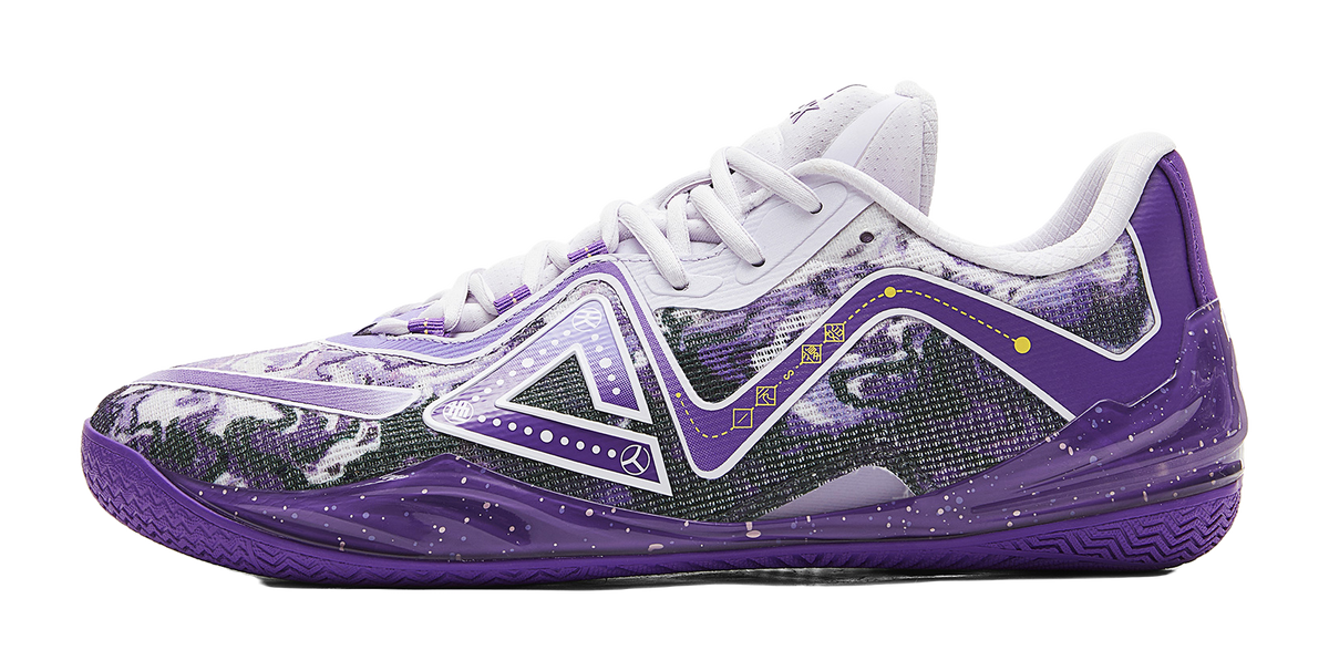 Lavender and white basketball shoe with laced upper and snake pattern, purple outsole