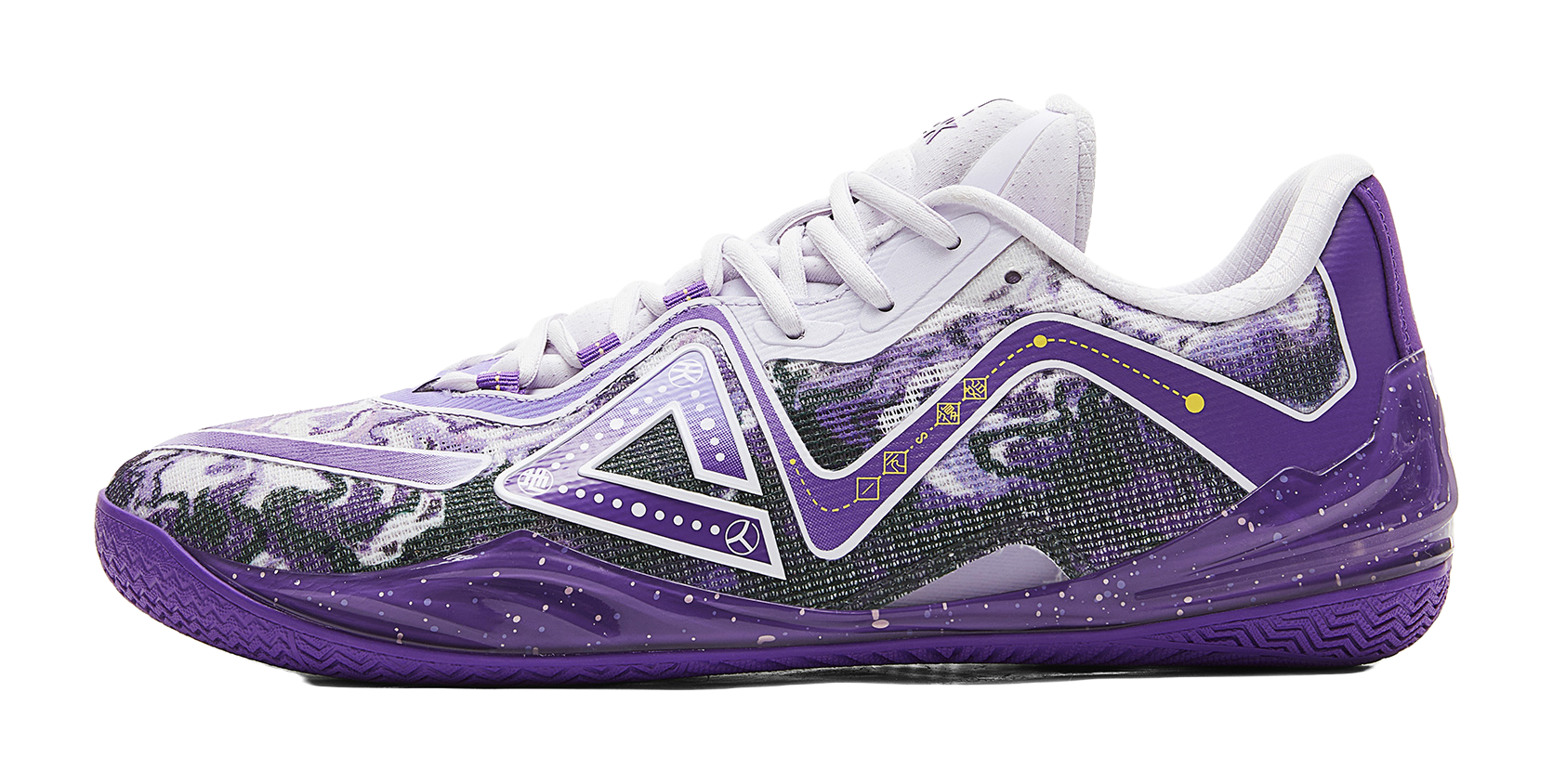 Lavender and white basketball shoe with laced upper and snake pattern, purple outsole