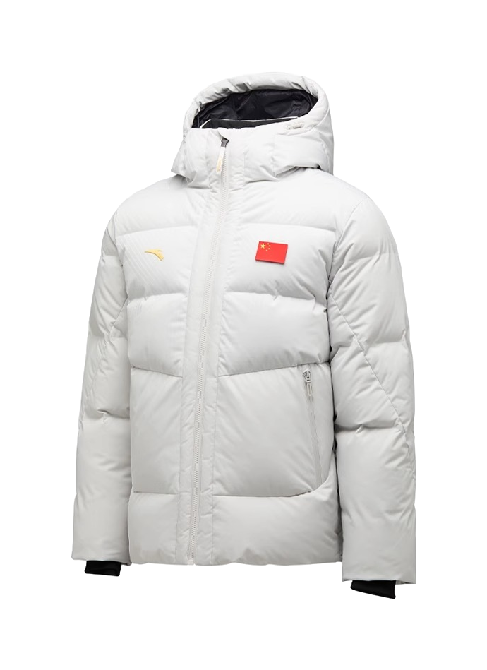 Men's hooded down jacket, light gray quilted puffer with full-zip and side pockets