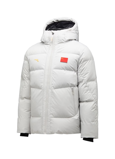 Men's hooded down jacket, light gray quilted puffer with full-zip and side pockets