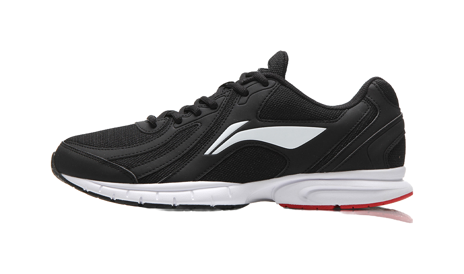 Lightweight mesh running shoe, black upper with white side stripe and white midsole