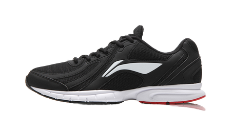 Lightweight mesh running shoe, black upper with white side stripe and white midsole