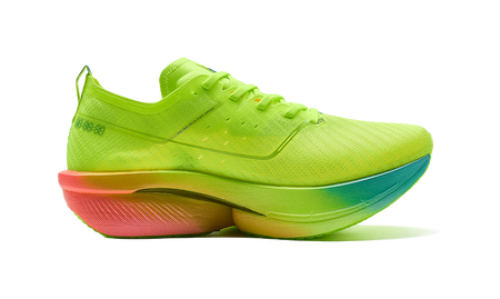 Neon green low-top running shoes, side view with thick multicolor midsole