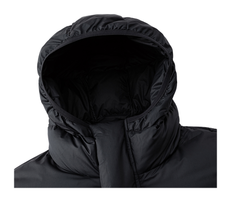Black hooded puffer jacket hood opening and seam detailing.