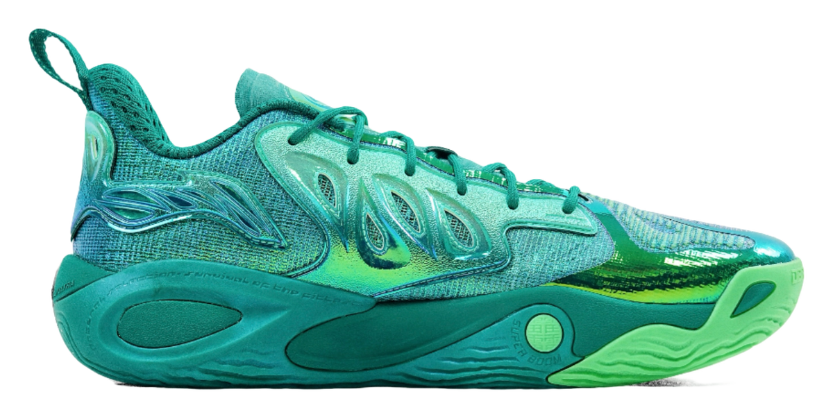 Li-Ning green basketball sneaker, side view with textured upper and padded collar