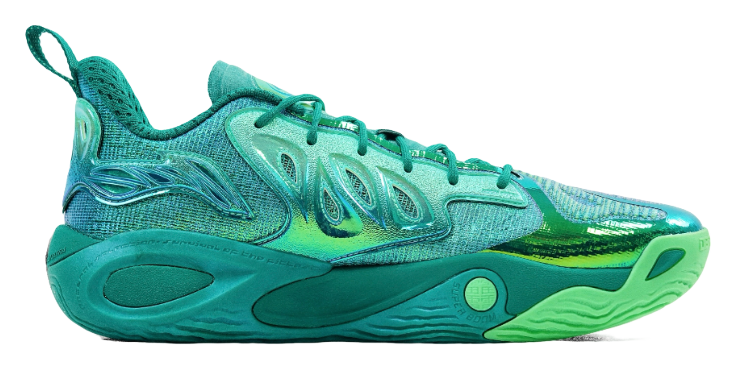 Li-Ning green basketball sneaker, side view with textured upper and padded collar