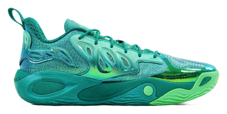 Li-Ning green basketball sneaker, side view with textured upper and padded collar