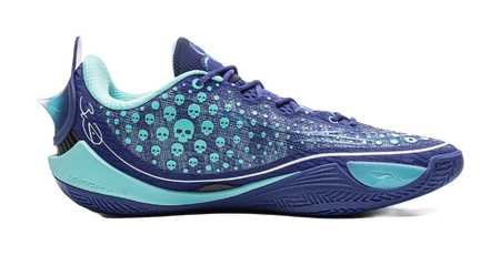 Men's low-top basketball shoe, side view, shadow purple and aqua knit with mesh panels