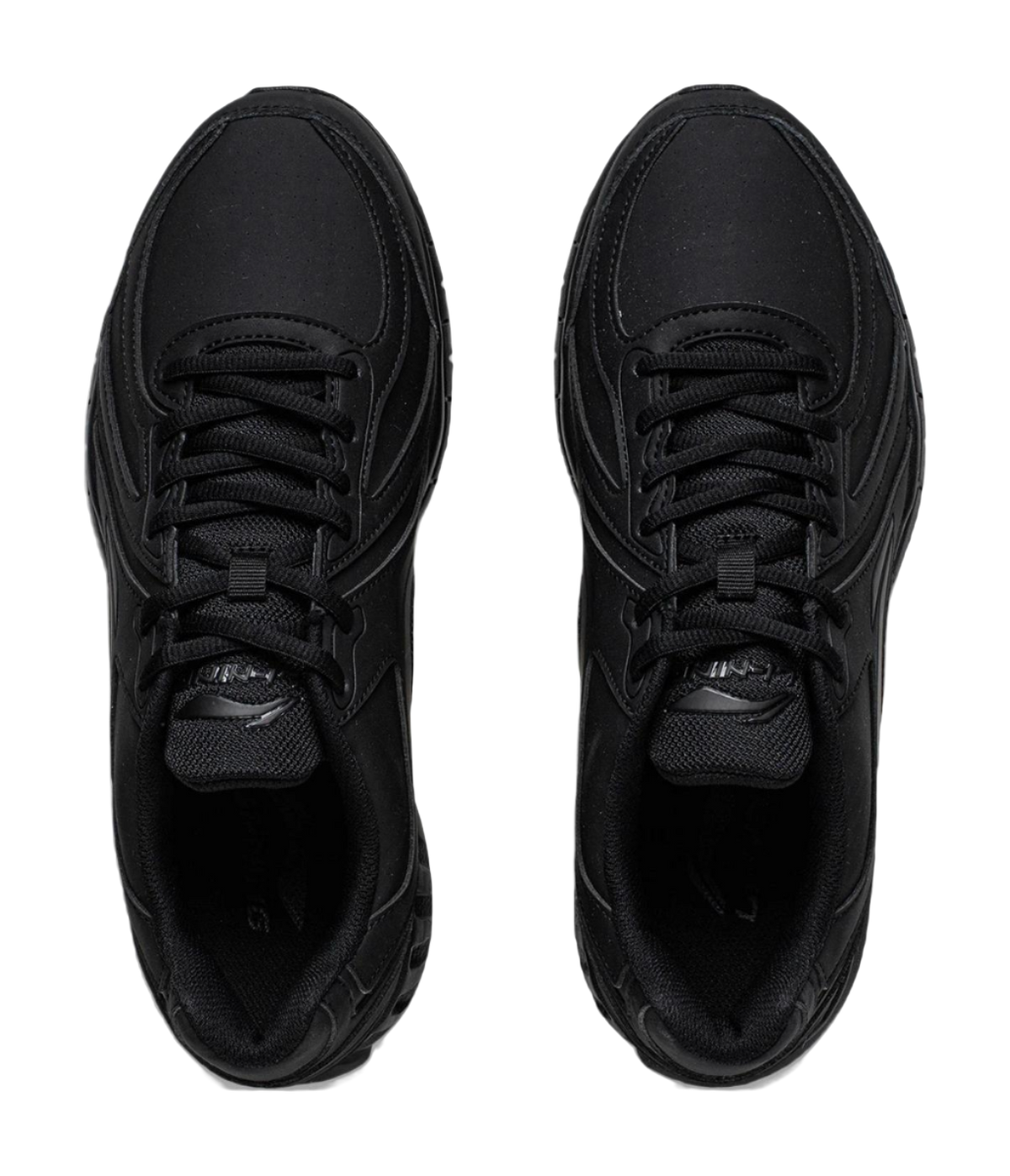 Pair of black lace-up running shoes with padded tongue and mesh lining