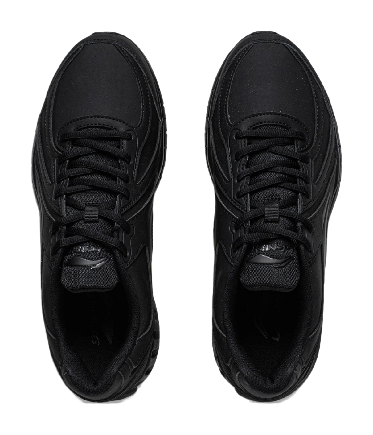 Pair of black lace-up running shoes with padded tongue and mesh lining