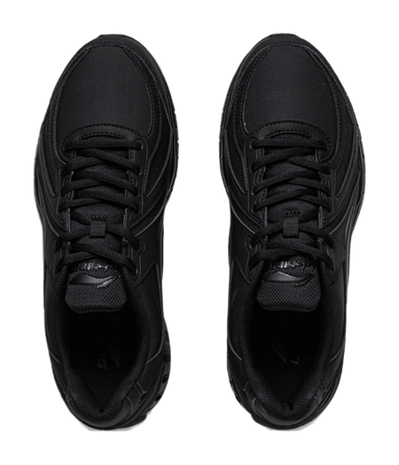 Pair of black lace-up running shoes with padded tongue and mesh lining