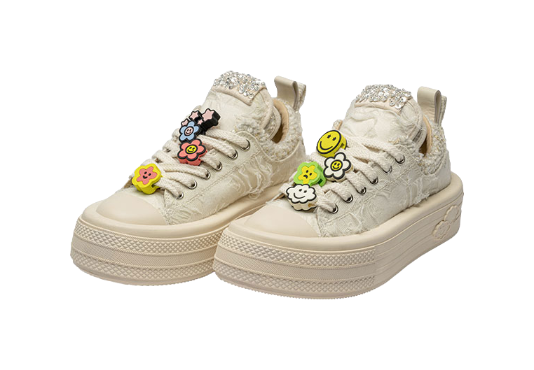 FORESHADOW 'Double-Uni' Sneaker Anti-Slip And Wear-Resistant Height Increasing Low-Top Canvas Shoes Women's White 