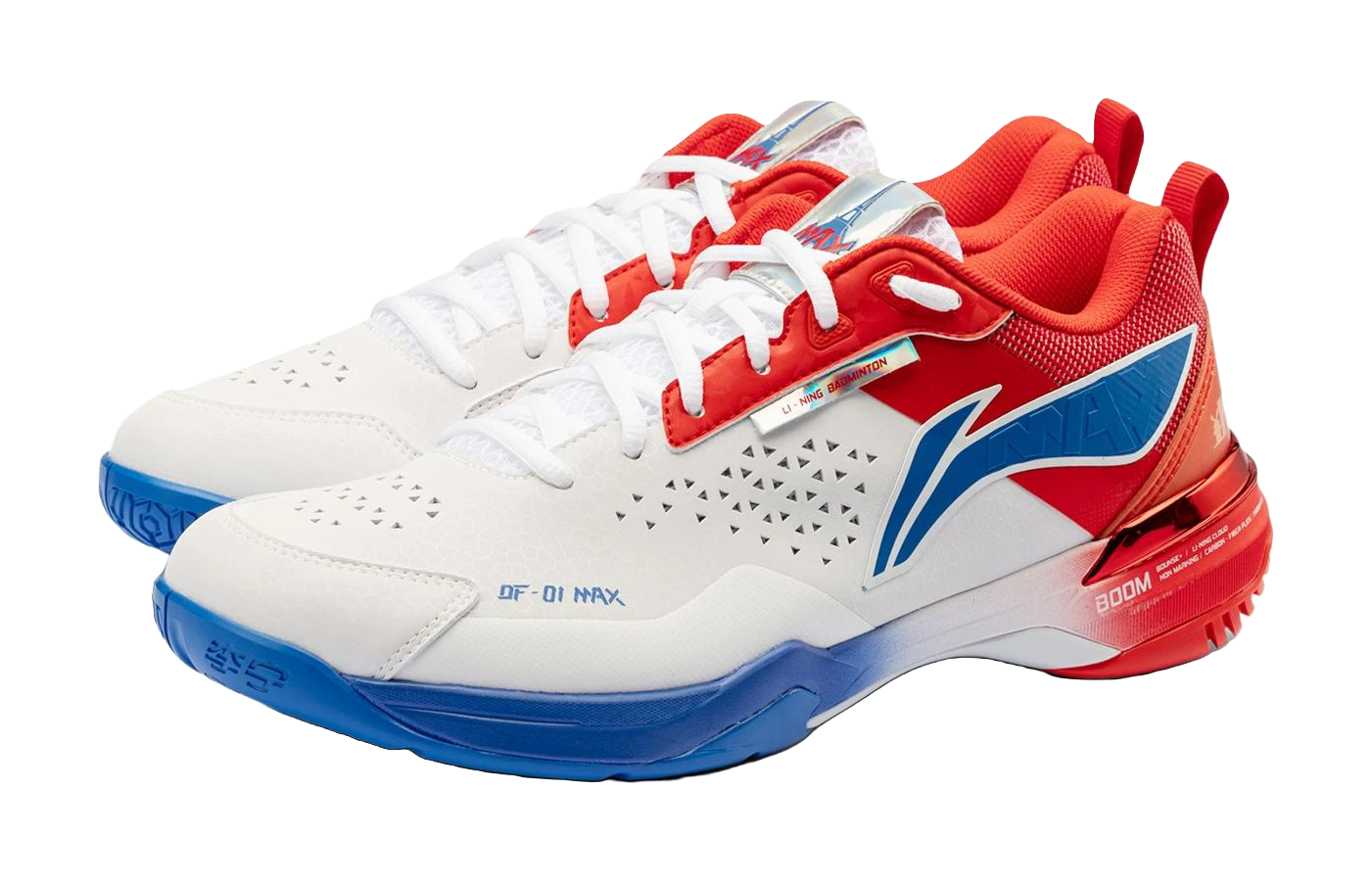 White and red unisex badminton shoe with blue side graphic and lace-up closure