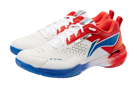 White and red unisex badminton shoe with blue side graphic and lace-up closure