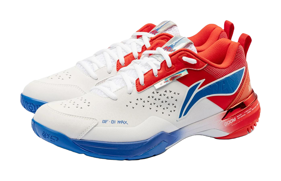 White and red unisex badminton shoe with blue side graphic and lace-up closure
