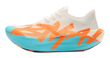 Women’s low-top running shoes in sky blue, white, and orange with patterned upper