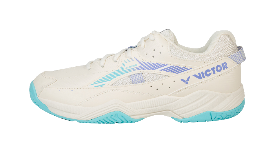 Men's all-court badminton shoe, white with blue stripes and teal sole, lace-up