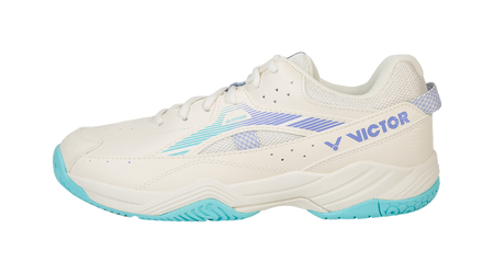 Men's all-court badminton shoe, white with blue stripes and teal sole, lace-up