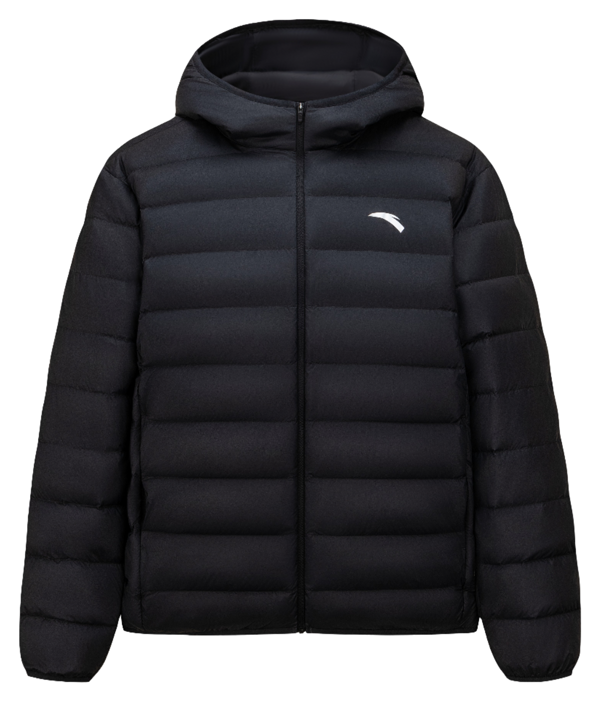 Black hooded puffer down jacket with full zipper and side logo