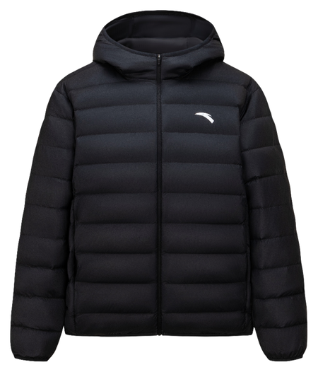 Black hooded puffer down jacket with full zipper and side logo