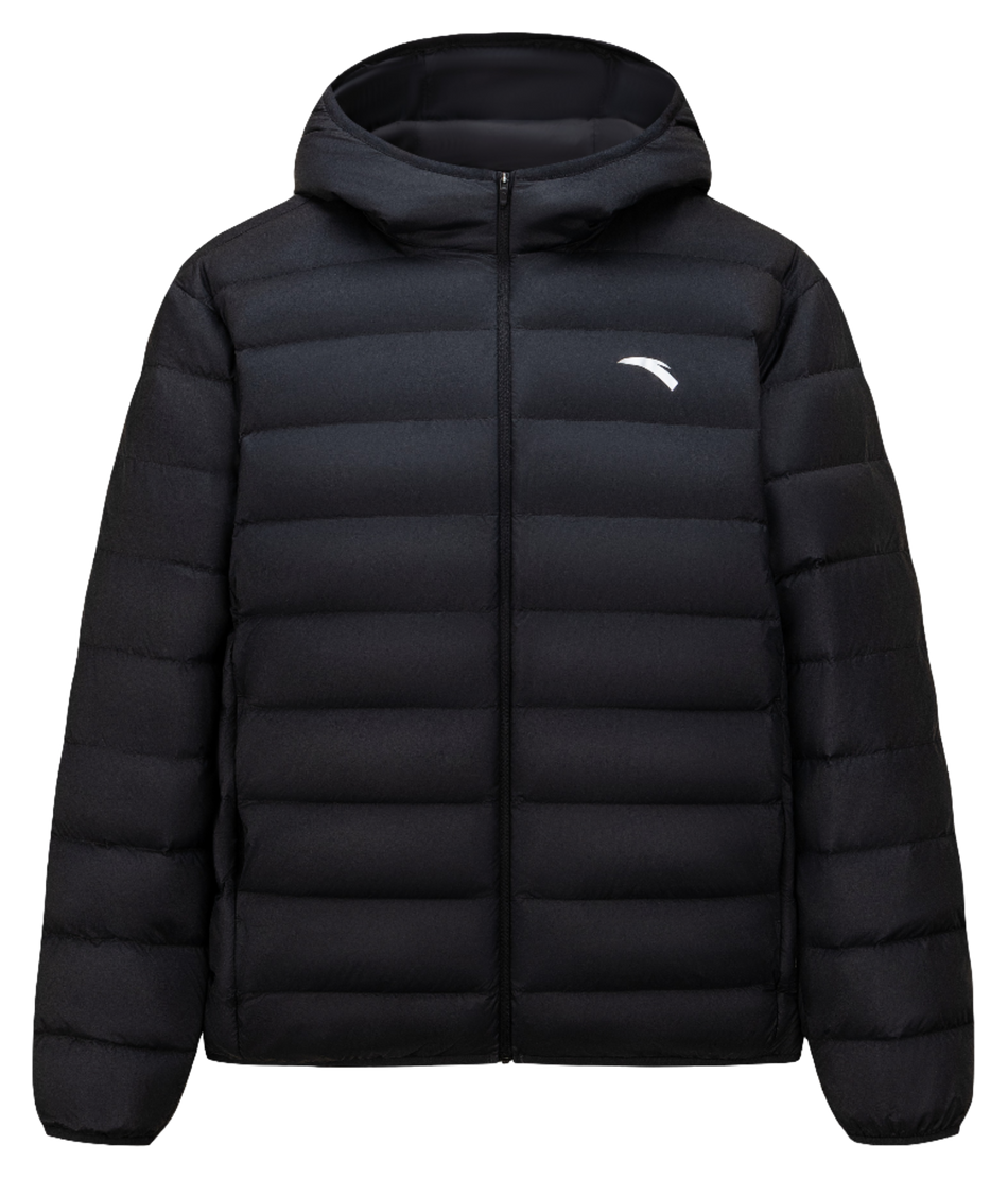 Black hooded puffer down jacket with full zipper and side logo