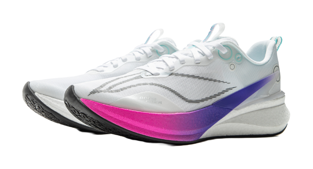 White running shoe with purple side panel and pink accent midsole, lace-up upper