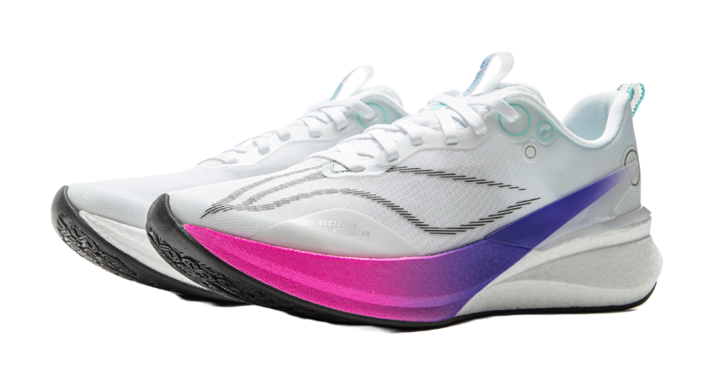 White running shoe with purple side panel and pink accent midsole, lace-up upper