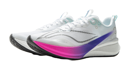 White running shoe with purple side panel and pink accent midsole, lace-up upper