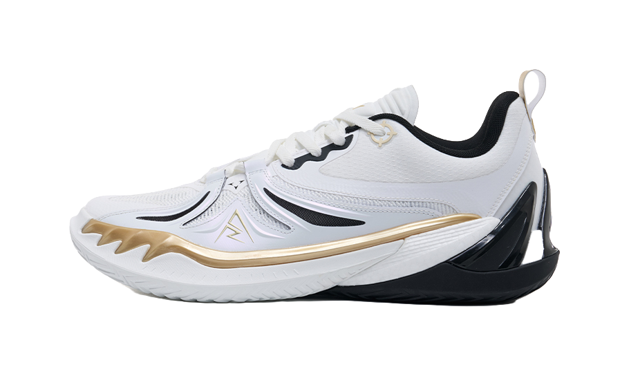 Rigorer basketball shoe in white knit with black and gold accents, lace-up