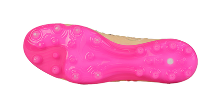 Pink rubber soccer cleat outsole with round turf studs and traction pattern