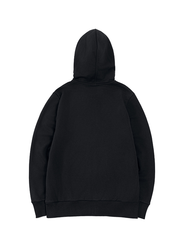 Black back view zip-up hooded sweatshirt with drawstring, no visible front graphics